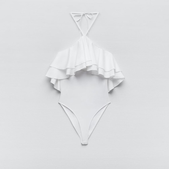 𝅺Zara RUFFLED RIB BODYSUIT white Sz L - Picture 6 of 10